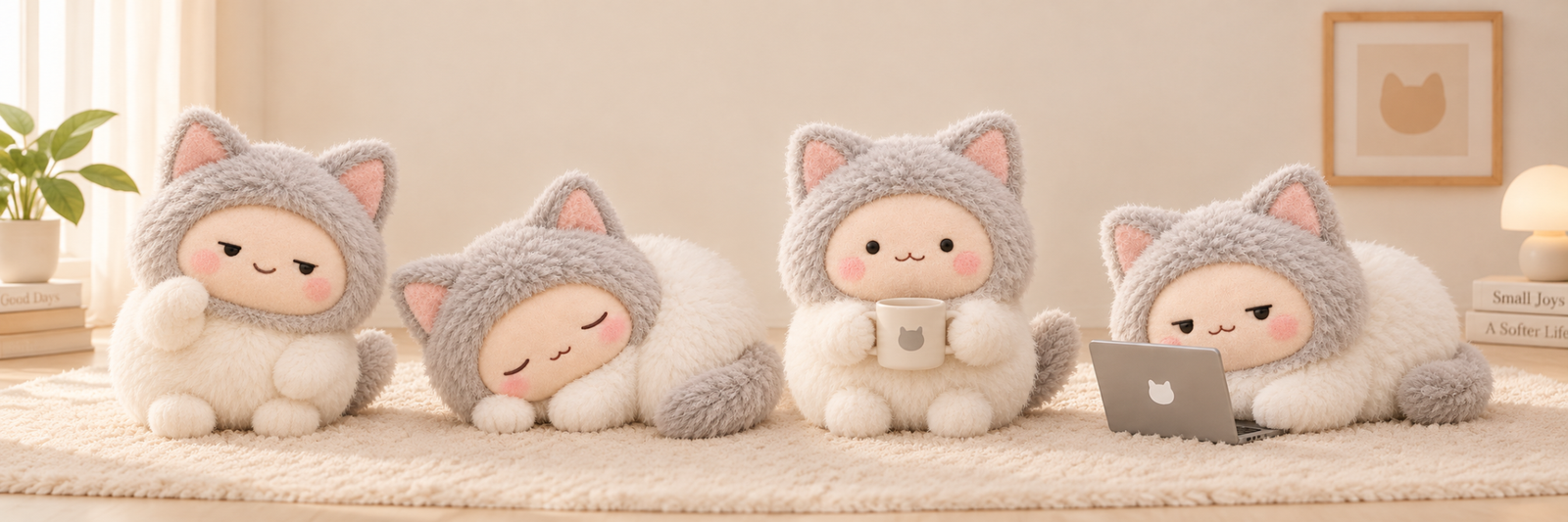 Meowse plushes relaxing together